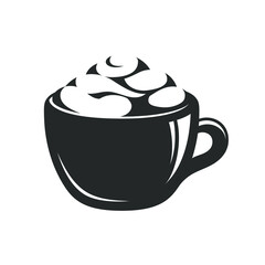 Coffee drink with foam in a small ceramic mug with highlight silhouette. Clip art. Simple flat vector illustration.