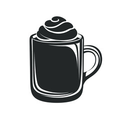 Beverage with foam and cream in a tall glass mug silhouette design. Flat modern clip art for cafe shops, menu, coffee, drinks etc.