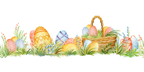 Seamless watercolor border with easter eggs and baskets