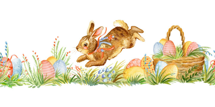 Seamless watercolor border with cute easter rabbit