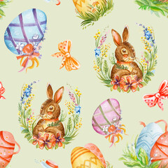 Seamless watercolor pattern with easter rabbits blue