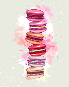 Colorful sweet macarons cakes on artistic watercolor background. French macaroons. Junk food background
