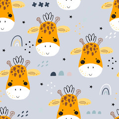 Cute giraffe Pattern print for kids. Funny cute scandinavian giraffe cartoon style. Printable templates. vector print. Perfect for kids apparel, poster, baby shower card. Vector illustration - 404486345