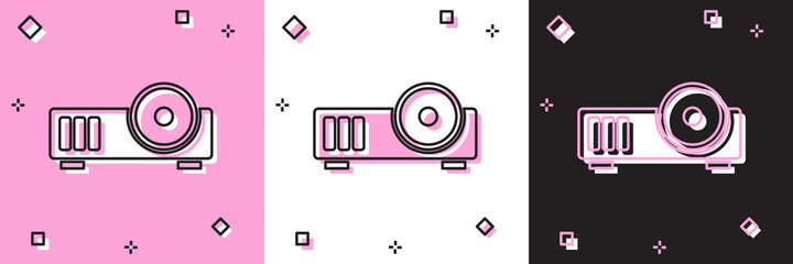 Set Presentation, movie, film, media projector icon isolated on pink and white, black background. Vector.