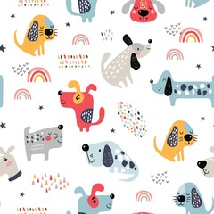 Naklejka premium Childish seamless pattern with funny dogs. Creative texture in scandinavian style. Great for fabric, textile Vector Illustration