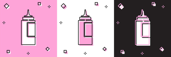 Set Sauce bottle icon isolated on pink and white, black background. Ketchup, mustard and mayonnaise bottles with sauce for fast food. Vector.