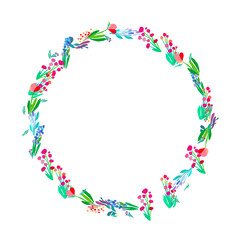 Fototapeta na wymiar Floral wreath on white background. Bright colorful spring flowers. Vector floral frame template.