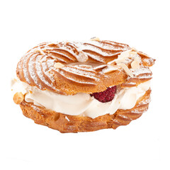Fototapeta premium Isolated Paris-Brest cake with cream and raspberry on the white background