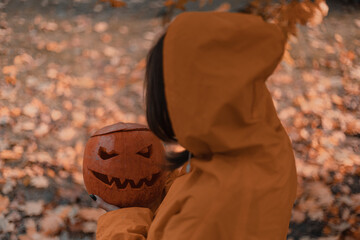 Halloween. All Saints' Day. Pumpkin - Jack lantern in the fog