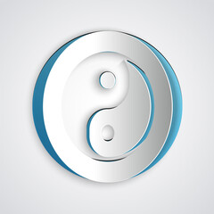 Paper cut Yin Yang symbol of harmony and balance icon isolated on grey background. Paper art style. Vector.