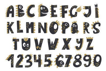 Dino alphabet abc. Bright letters in the style of dinosaurs. Grey and golden color. Scandinavian style. - 404488569