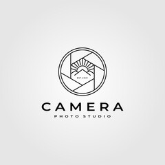 camera lens photography logo with nature mountain symbol vector illustration design