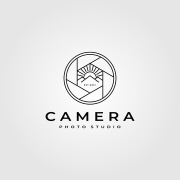 camera lens photography logo with nature mountain symbol vector illustration design