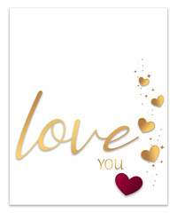 Valentine's day card with gold colored hearts and love you lettering text, love you note design with hearts for valentine's day, mother's day or wedding celebration 