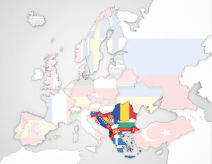 3D Europakarte auf der die Staaten der Balkanhalbinsel hervorgehoben werden und die restlichen Flaggen transparent sind