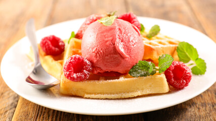 waffle and raspberries fruits ice cream
