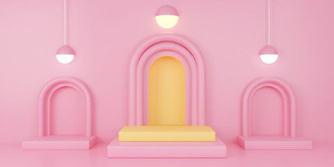 3d render three pink empty podiums with arches and tunnels.