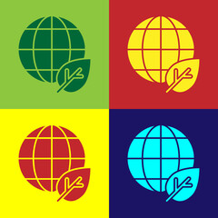 Pop art Earth globe and leaf icon isolated on color background. World or Earth sign. Geometric shapes. Environmental concept. Vector.