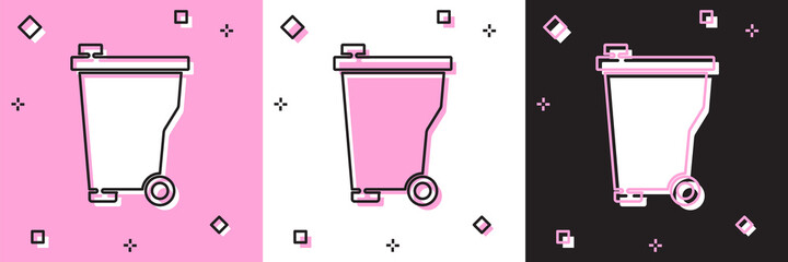 Set Trash can icon isolated on pink and white, black background. Garbage bin sign. Recycle basket icon. Office trash icon. Vector.