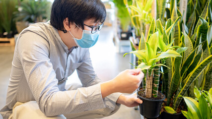 Buying nature decoration for home quarantine. Asian man wearing protective face mask choosing new air purifying plant in plant shop.