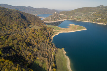 Aerial view of Lake Turano in Rieti, Castel di tora, colle di tora and Ascrea lakeside villages