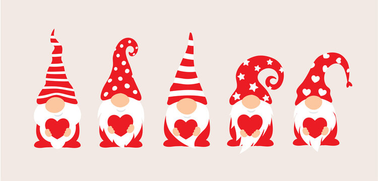 Set of cartoon gnomes. Collection of cute christmas gnomes holding hearts. Funny characters in love for children and couples. Vector illustration