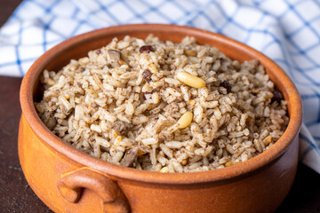 Traditional delicious Turkish food; rice pilaf with pine nuts and currants (Turkish name; ic pilav or pilaf)