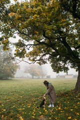 Fototapeta premium stylish young woman with a dog near a tree in the fog