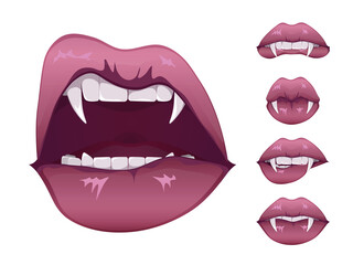 Vampire mouth with fangs set. Mouth with long pointed canine teeth. Vector flat style cartoon.