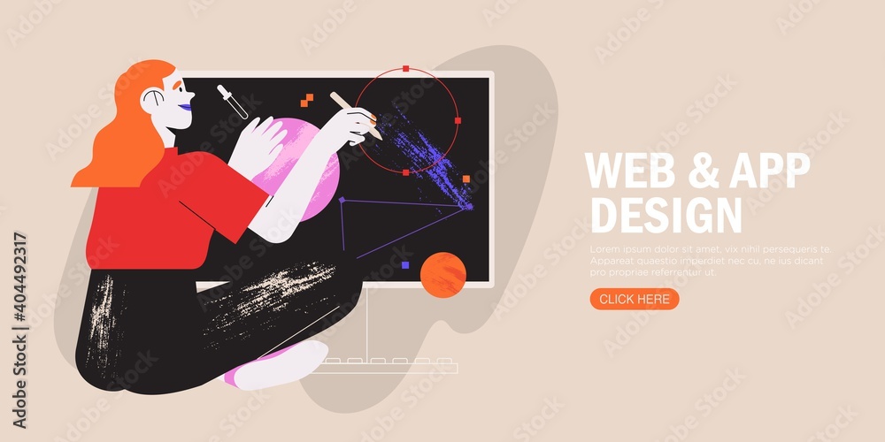 Fototapete woman illustrator working in vector graphics editor or design program on screen tablet. designer fre