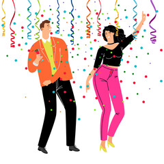Corporate confetti party. Cartoon trendy couple celebrating and dancing in business costumes, vector illustration lifestyle concept with happy rest and drinking wine