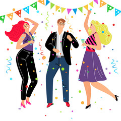 Fototapeta na wymiar Corporate friendly event. Cartoon friends group celebrating and dancing in business trendy costumes, vector illustration concept of entertainments with dances and happy rest