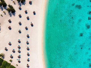 Fototapeta na wymiar Aerial top down view to a tropical beach with fine sand and palm trees in the Maldives islands