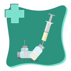 Plastic medical syringe with needle and vial in flat style, concept of vaccination. Modern flat concept for web design.