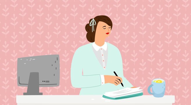 Woman diary. Girl writes on paper book in room. Make memories, female character drawing or learning vector concept