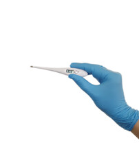 hand in a medical glove holds a thermometer isolated on white background