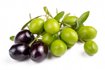 Green fresh olives on the white background