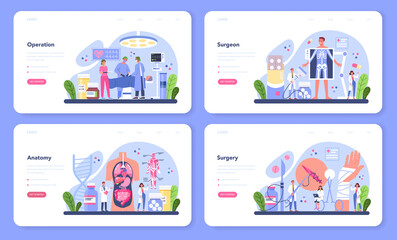 Surgeon web banner or landing page set. Doctor performing medical operations.
