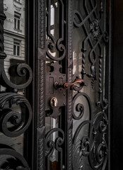 Wrought iron front door with glass and Art Nouveau decorations. Schmiedeeiserne Haustüre mit Glas und Jugendstil verzierungen.