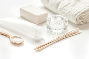 monochrome cosmetic set in SPA concept on white background