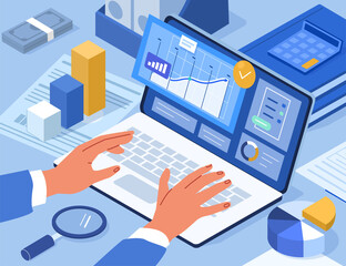 Financial Consultant typing on Laptop with Documents for Tax Calculation on Screen. Woman Preparing Financial Tax Report. Accountant  at Work. Accounting Concept. Flat Isometric Vector Illustration.