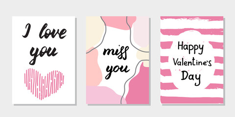 Set of 3 Valentines day cards. Trendy prints in pink colors with hand drawn phrases. Lettering compositions. Greeting postcards in simple style. Romantic doodle illustration. Seasonal design, poster. 