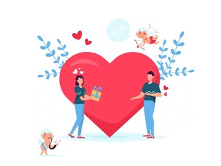 Valentines day romantic concept dating gift card. Lovers relationship two people. Couple giving gift box.