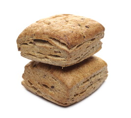 Buckwheat breakfast pastry with linseed, linen seeds isolated on white background