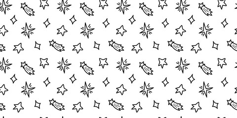 Space black and white doodle seamless pattern - hand drawn celestial line digital paper with space and stars, cute kids seamless background for textile, scrapbooking, wrapping paper