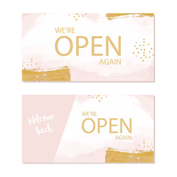 we are open again banner for social media. Concept of reopen store business after pandemic. Advertising background. Gold, pastel vector illustration.