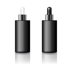 Blank black cylinder cosmetic bottle with white and black-silver dropper lid mockup template.
