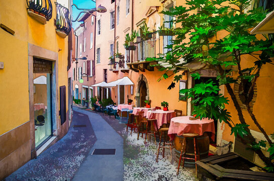 Fototapeta Watercolor drawing of restaurant tables on wooden barrels and chairs in typical italian narrow street and traditional colorful buildings