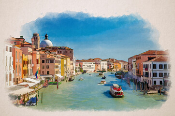Watercolor drawing of Venice cityscape with Grand Canal waterway. View from Scalzi bridge. Gondolas, boats, yachts, vaporettos