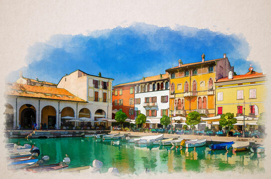 Watercolor drawing of Desenzano del Garda Old harbour Porto Vecchio with boats on turquoise water, green trees, street restaurants